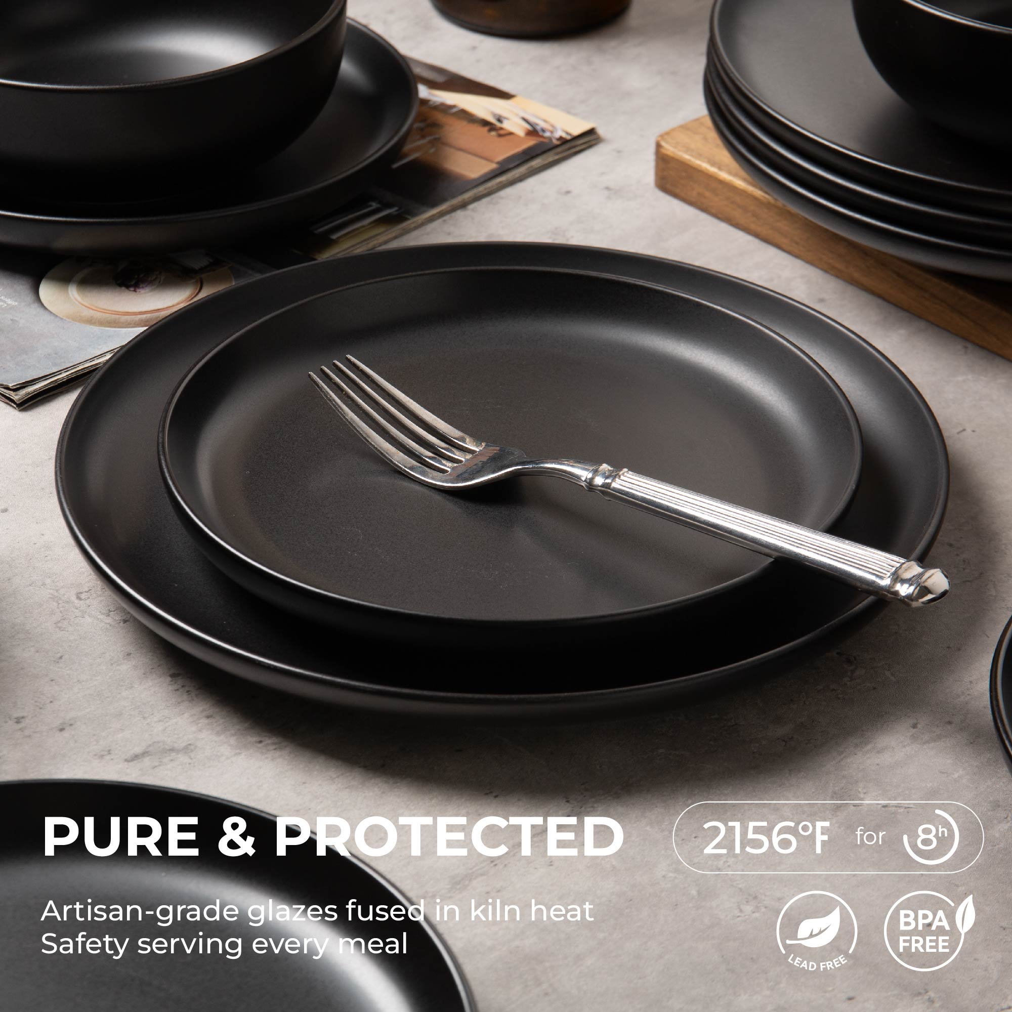 12-Piece Stoneware Dinnerware Sets With Mugs | Microwave & Dishwasher Safe | Non-Toxic Dinner Plates Bowls Set | Stackable Matte Glaze Kitchenware For 3,Black_voghion.com